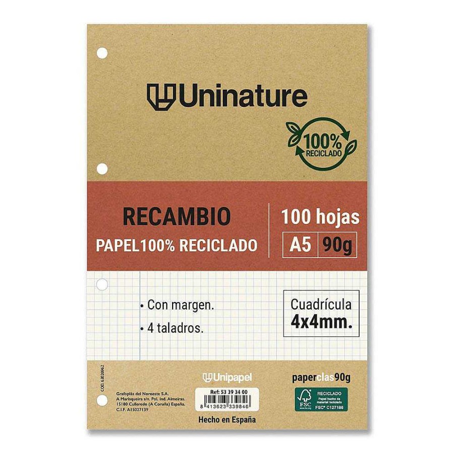 Papeler A Grafoplas Papel Y Recambios | Recambio A5 Cuadr Cula 4Mm 4 Taladros Reciclado 100Hj 90Gr Uninature