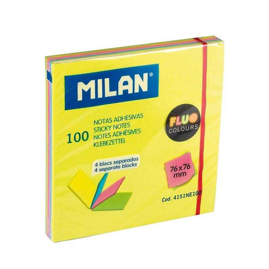 Papeler A Milan | Notas Adhesivas 76X76Mm 4 Blocs De 25 Hojas: 4 Colores Fluorescentes